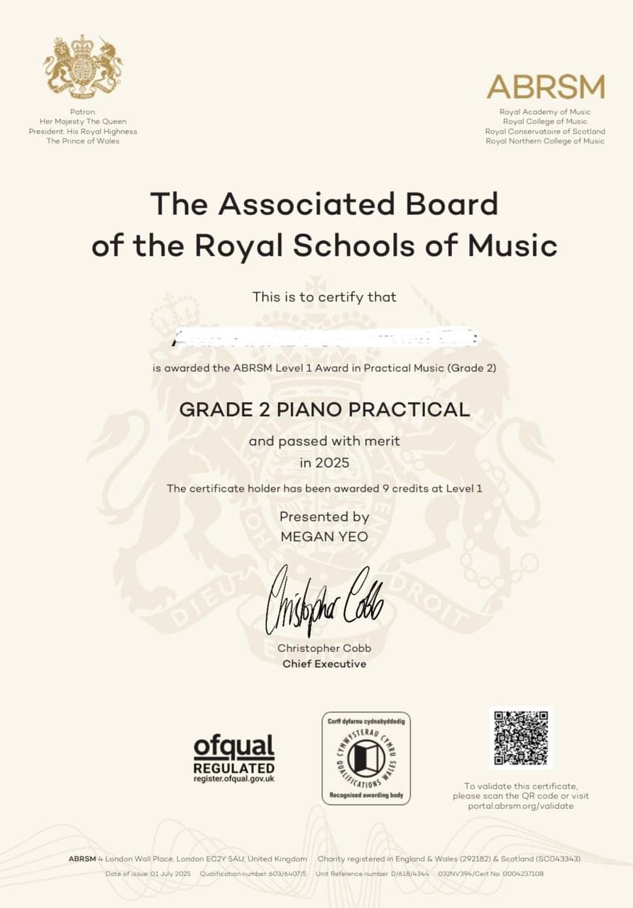Official ABRSM certificate for Grade 2 Piano Practical, passed with merit in 2025.