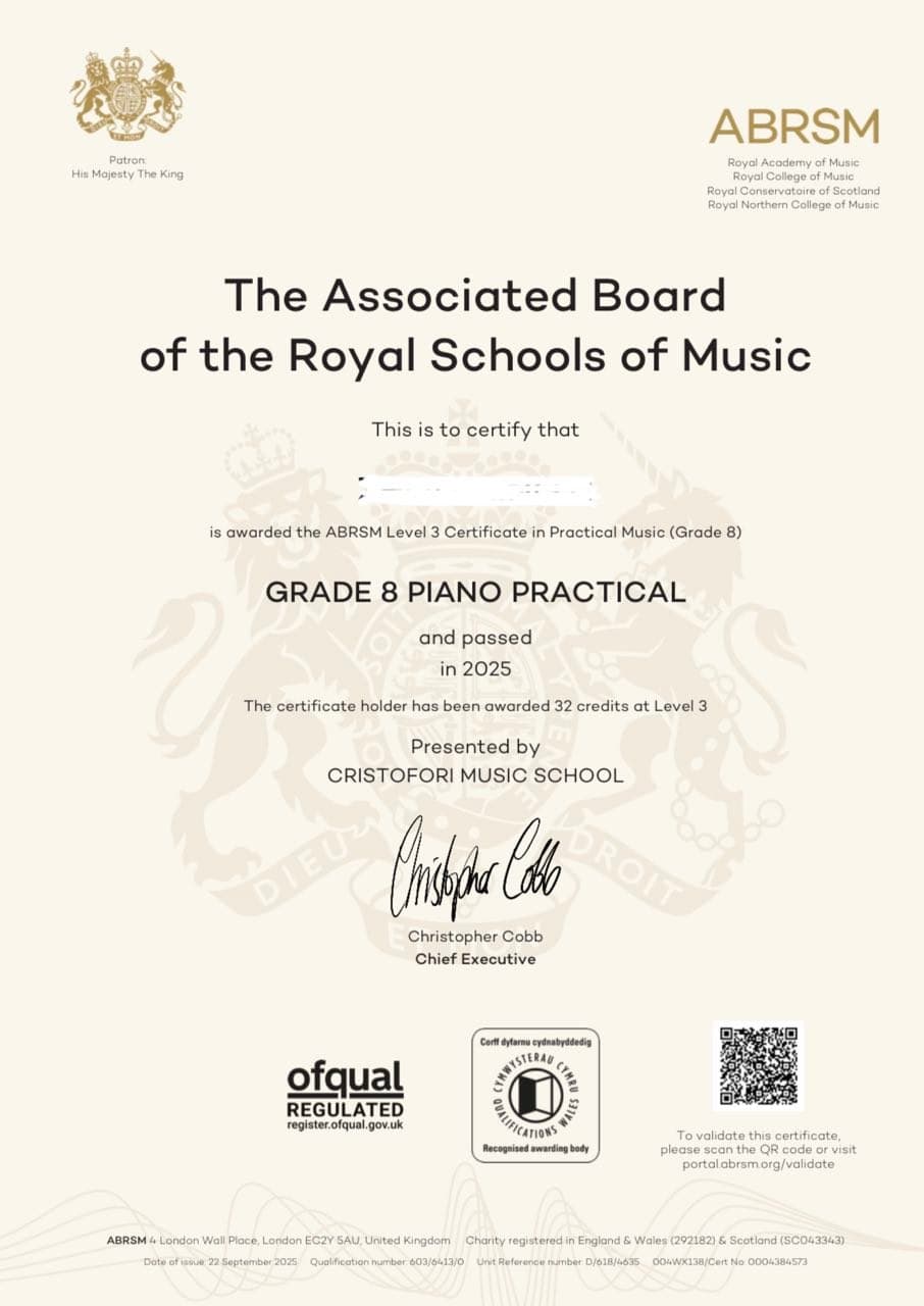 ABRSM Grade 8 Piano Practical certificate awarded in 2025 by Cristofori Music School.