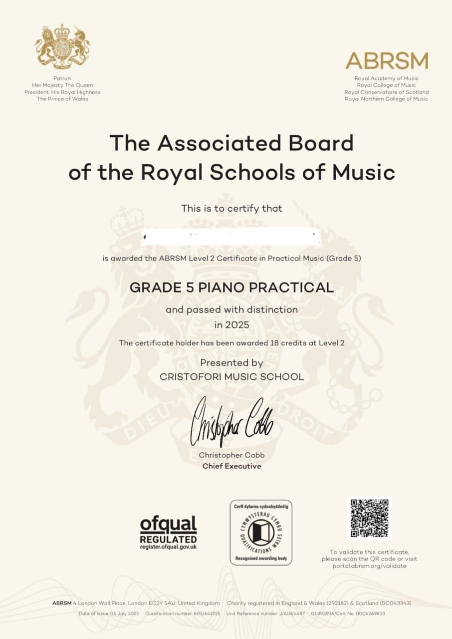 Official ABRSM certificate for Grade 5 Piano Practical, passed with distinction in 2025.