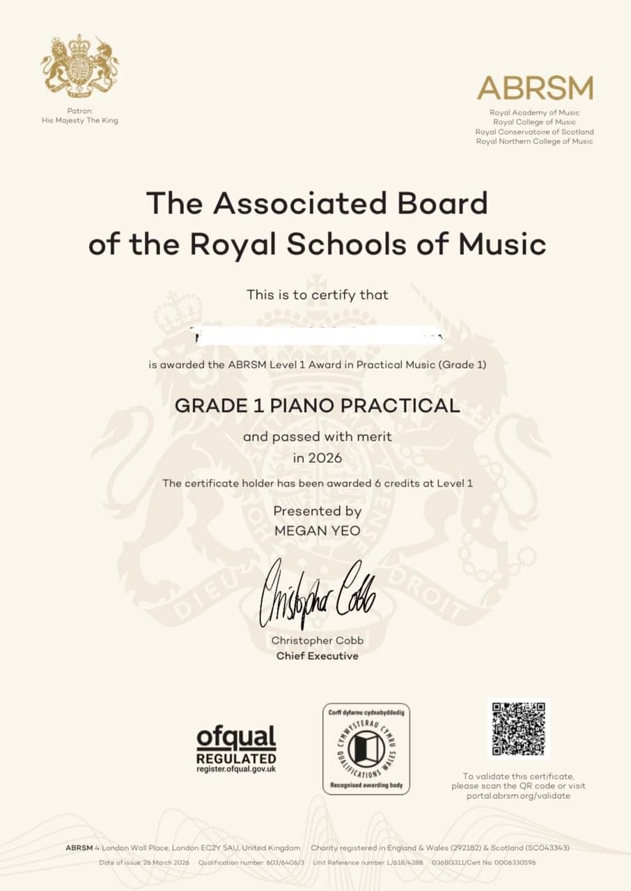 Official ABRSM certificate for Grade 1 Piano Practical, awarded with merit in 2026.