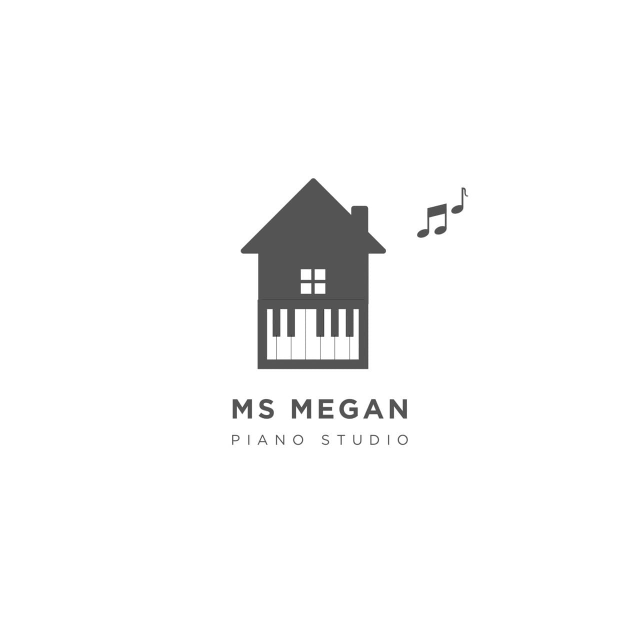 Ms Megan Piano Studio logo featuring a house silhouette with piano keys and musical notes.
